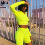 Kliou New Female Fluorescence Fitness Two Pieces Sets 2018 Autumn Full Sleeve Zipper Turtleneck Tops And High Waist Shorts Suits