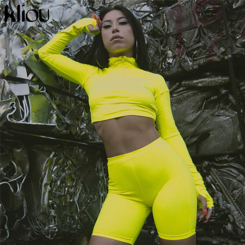 Kliou New Female Fluorescence Fitness Two Pieces Sets 2018 Autumn Full Sleeve Zipper Turtleneck Tops And High Waist Shorts Suits