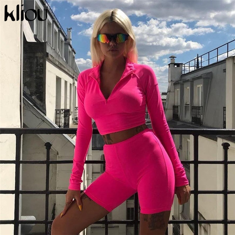 Kliou New Female Fluorescence Fitness Two Pieces Sets 2018 Autumn Full Sleeve Zipper Turtleneck Tops And High Waist Shorts Suits