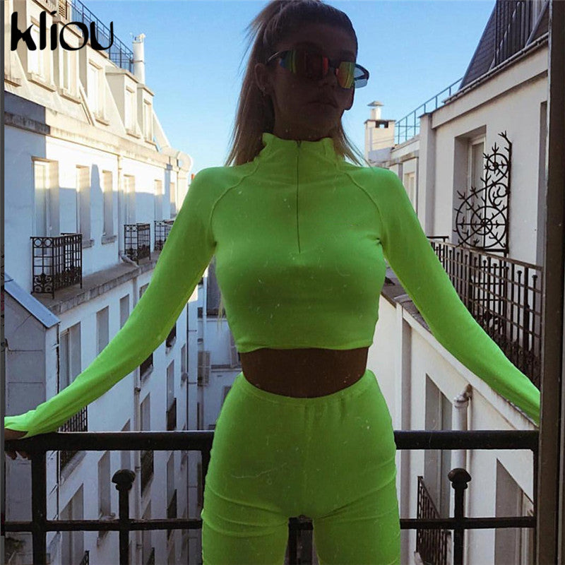 Kliou New Female Fluorescence Fitness Two Pieces Sets 2018 Autumn Full Sleeve Zipper Turtleneck Tops And High Waist Shorts Suits