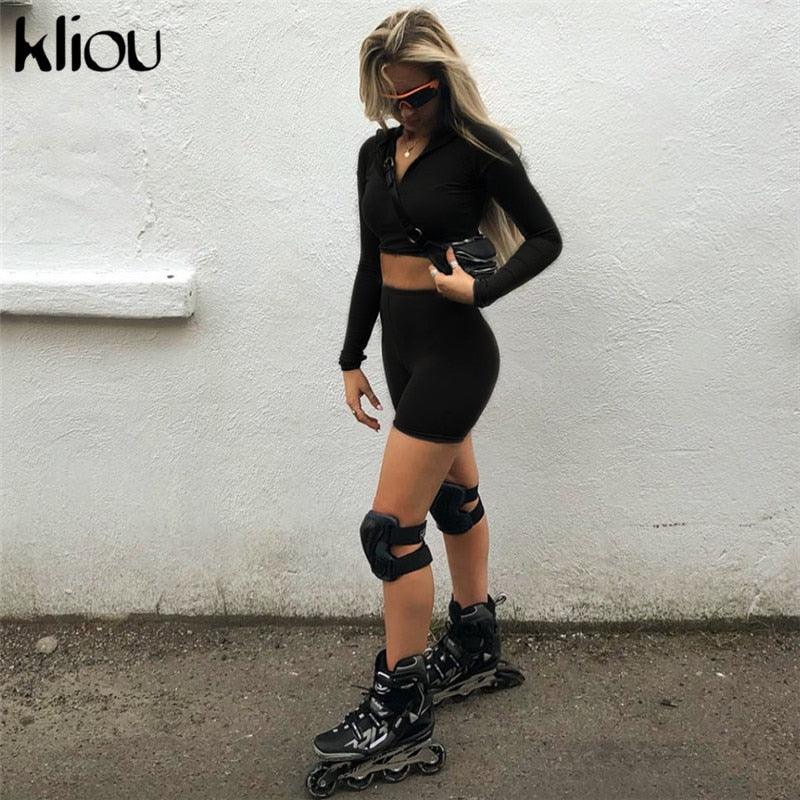 Kliou New Female Fluorescence Fitness Two Pieces Sets 2018 Autumn Full Sleeve Zipper Turtleneck Tops And High Waist Shorts Suits